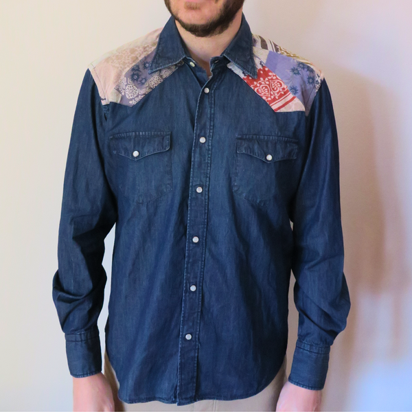 Tex Denim Patch - Texan shirt, in denim cotton, with fantasy print on the shoulders, relaxed fit